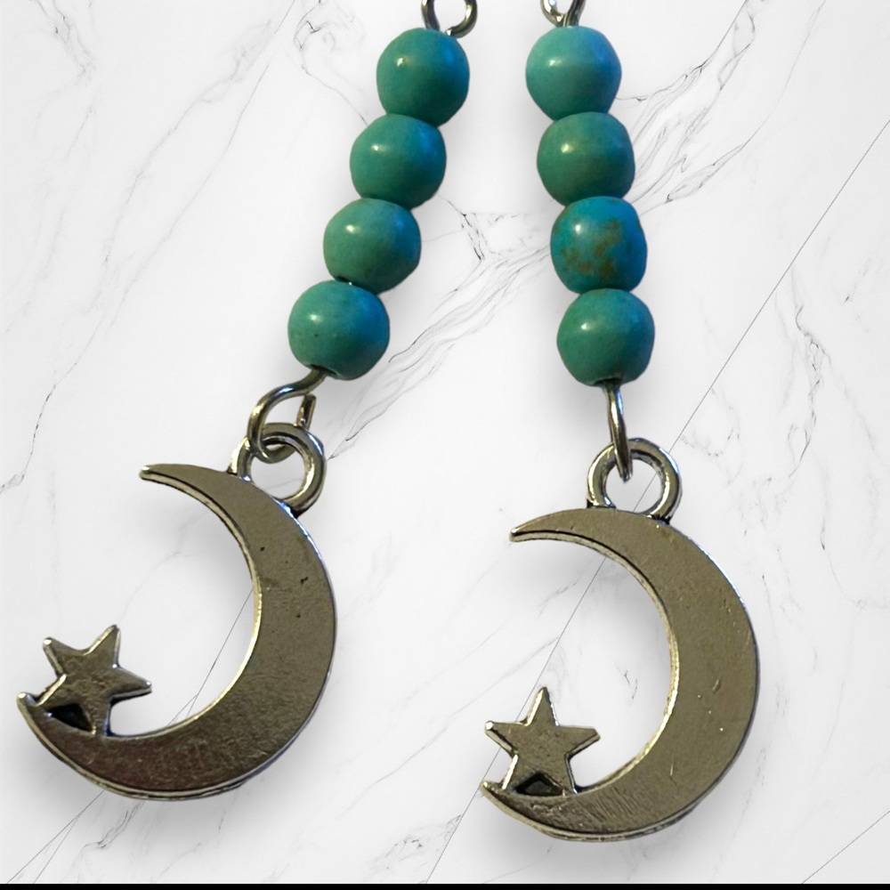 Hand Crafted Earrings Moon Star Magnesite Stone Beads Dangle Pierced - Picture 2 of 5